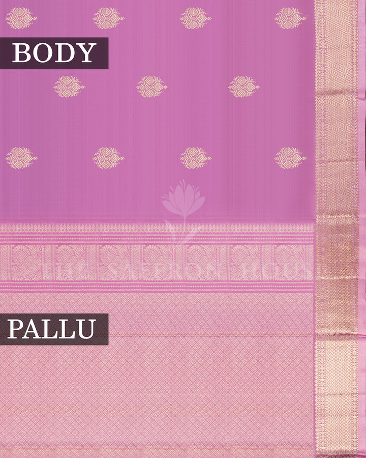 Mauve Kanchivaram Silk Saree with Gold Zari Paisley Buttis, Gold Border