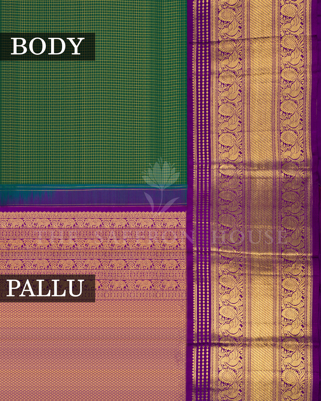 Green Kanchivaram Silk Saree with Zari Check Weave, Purple Peacock Border