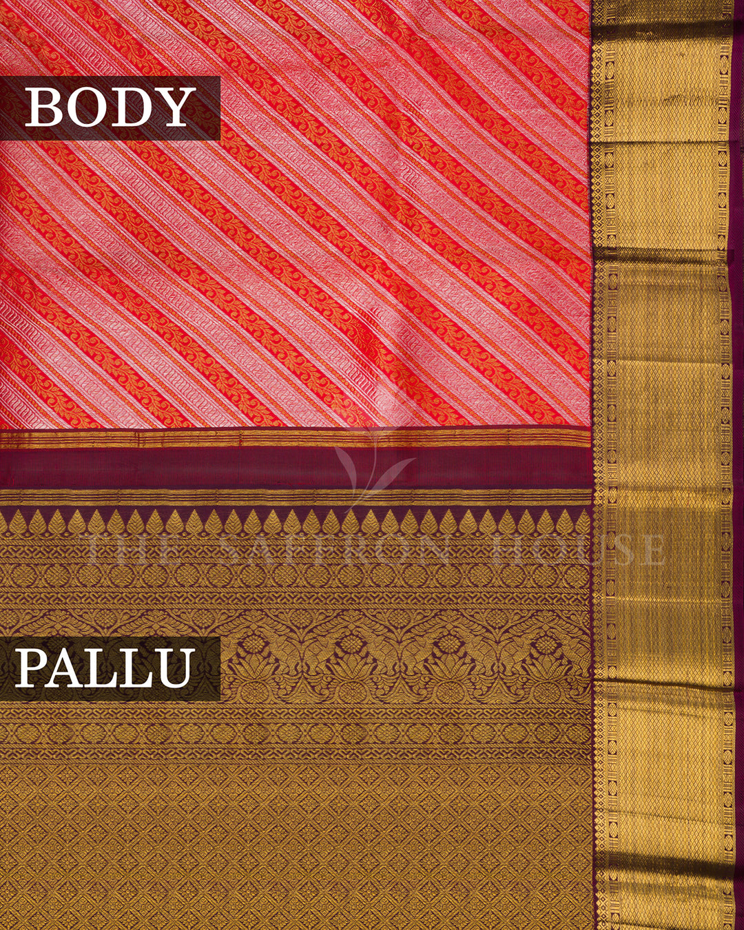 Red Kanchivaram Silk Saree with Diagonal Zari Stripes, Wine Gold Border