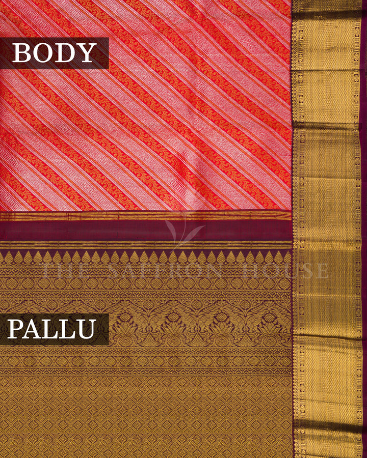 Red Kanchivaram Silk Saree with Diagonal Zari Stripes, Wine Gold Border