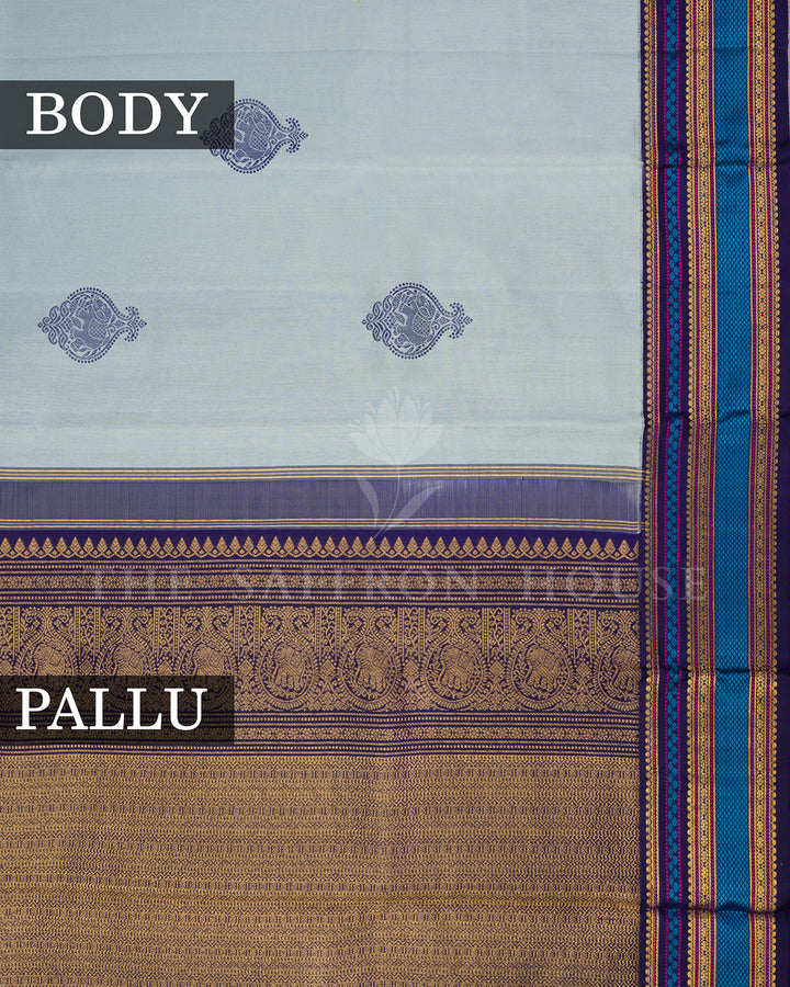Powder Blue Kanchivaram Silk Saree with Navy Elephant Buttis, Multicolor Border