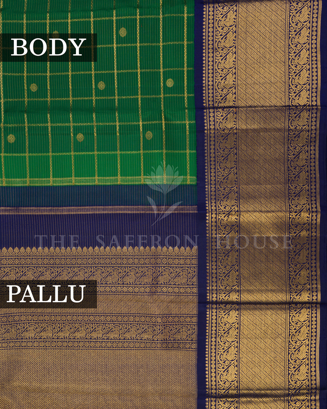 Green Kanchivaram Silk Saree with Gold Zari Check Weave, Navy Blue Border