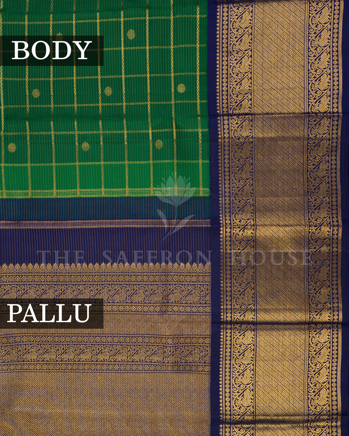 Green Kanchivaram Silk Saree with Gold Zari Check Weave, Navy Blue Border