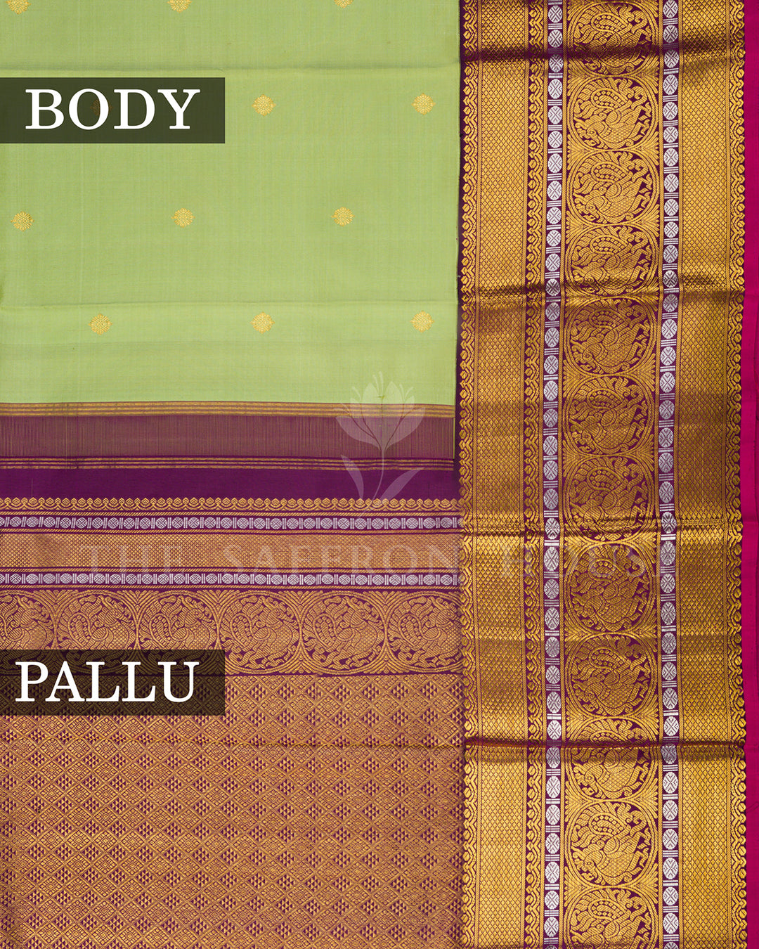 Pista Green Kanchivaram Silk Saree with Gold Zari Buttis, Wine Peacock Border