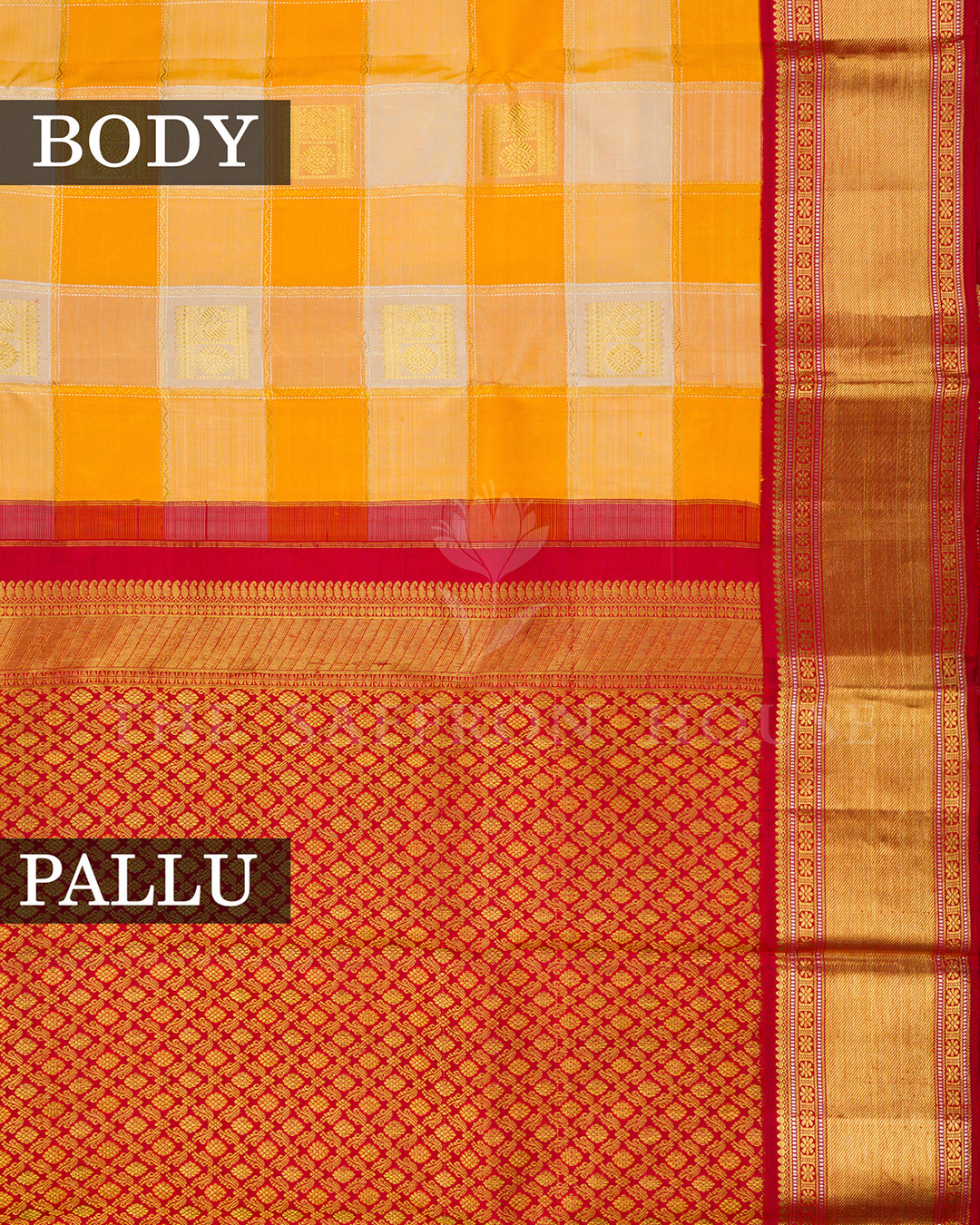 Mustard Yellow Checked Kanchivaram Silk Saree with Red Border, Gold Zari Pallu