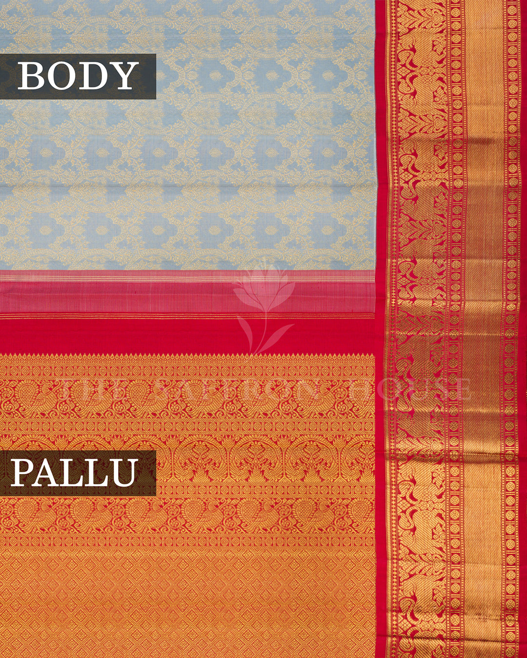 Powder Blue Kanchivaram Silk Saree with Zari Floral Jaal, Red Border with Elephant Motifs