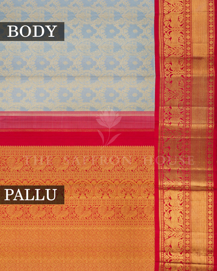 Powder Blue Kanchivaram Silk Saree with Zari Floral Jaal, Red Border with Elephant Motifs