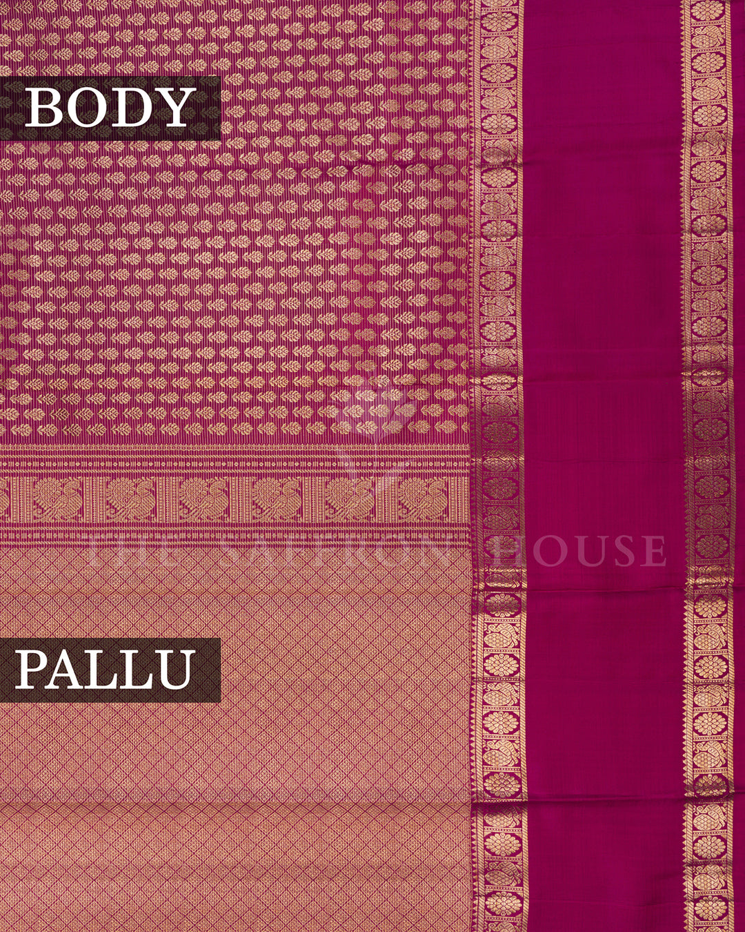 Magenta Kanchivaram Silk Saree with Zari Leaf Jaal, Peacock Border with Diamond Lattice Pallu