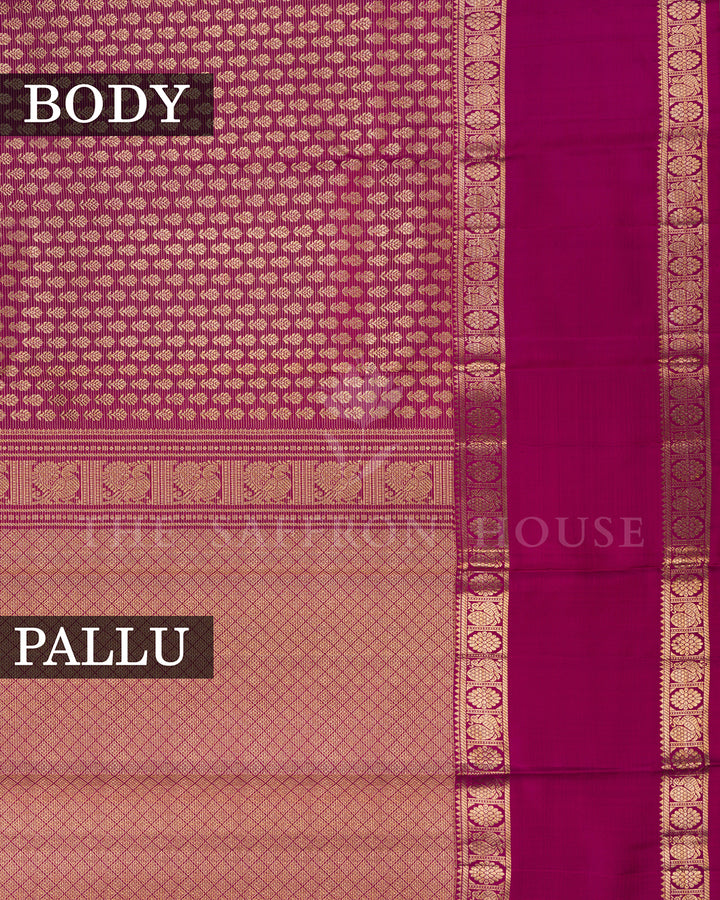 Magenta Kanchivaram Silk Saree with Zari Leaf Jaal, Peacock Border with Diamond Lattice Pallu