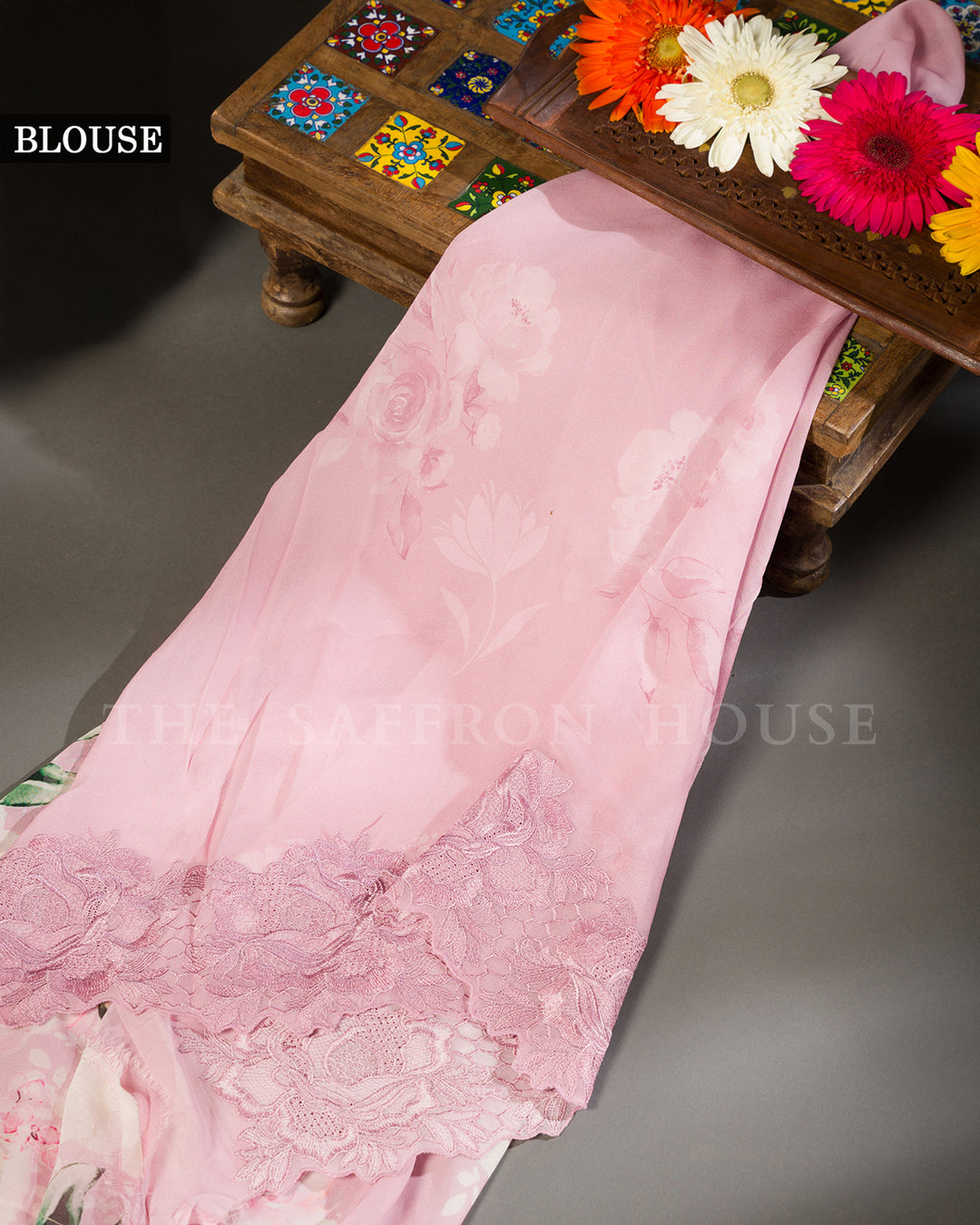 Blush Pink Organza Saree with Watercolour Rose Print, Scalloped Cutwork Lace Border