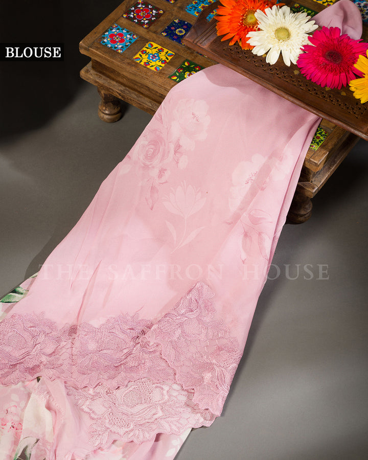Blush Pink Organza Saree with Watercolour Rose Print, Scalloped Cutwork Lace Border