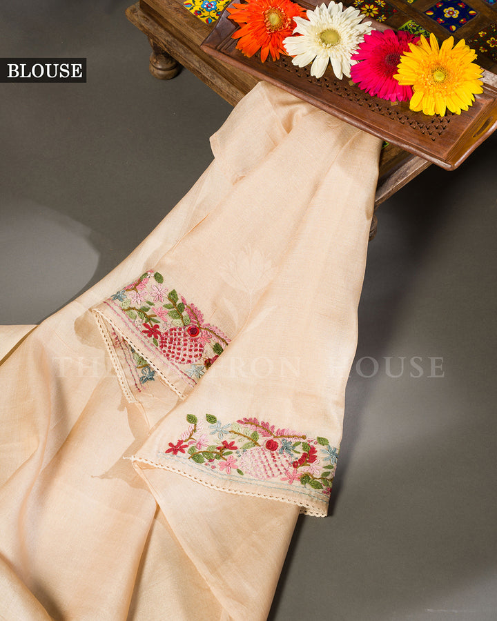 Cream Tussar Silk Saree with Multicolour Pomegranate Vine Embroidery and Mirror Work