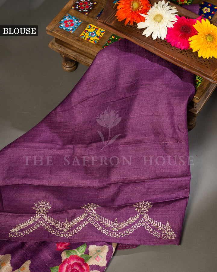 Purple Tussar Silk Saree with Printed Floral Grid, Rose Motifs and Gold Zari Scallop Border