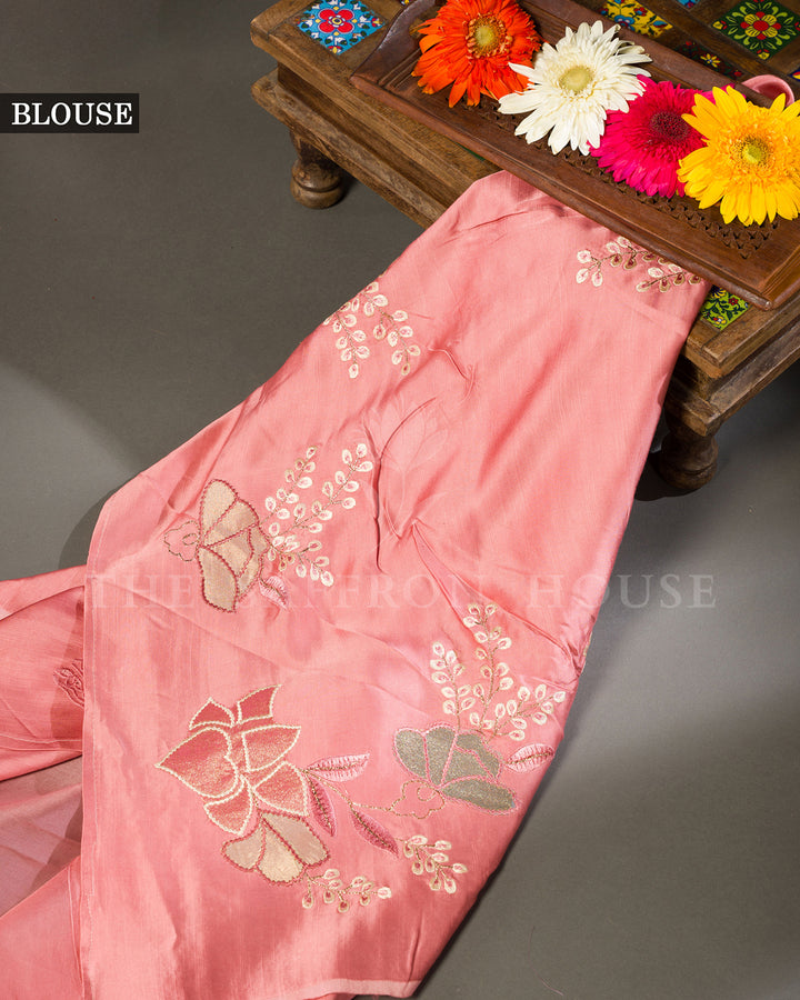 Rose Pink Organza Saree with Applique Floral Embroidery and Cutwork Scallop Border