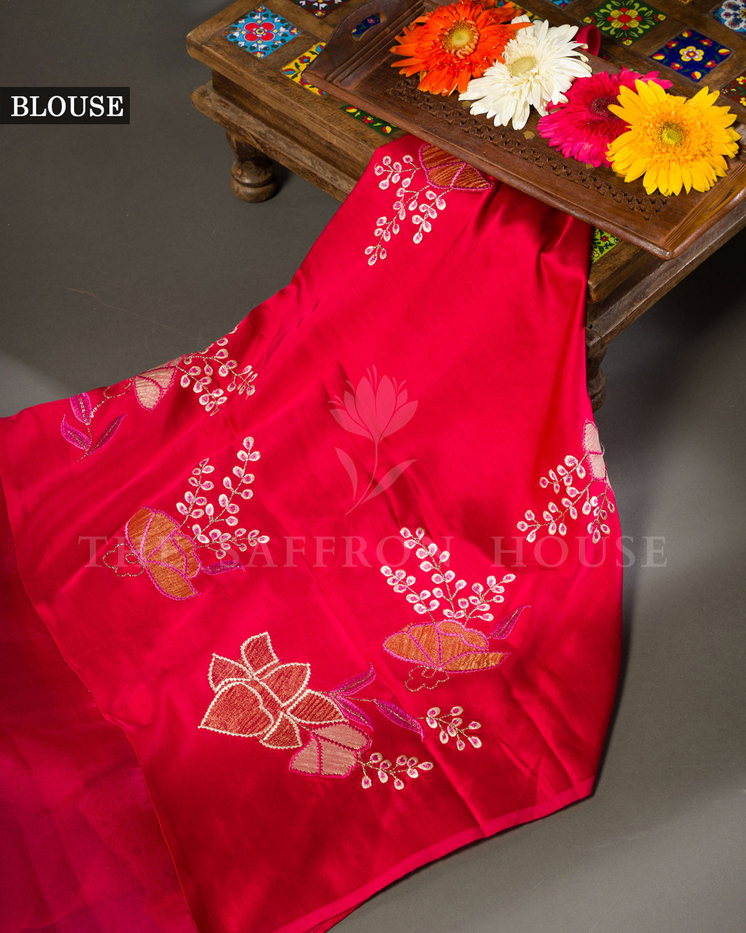 Rose Pink Tussar Silk Saree with Applique Floral Embroidery and Cutwork Scallop Border