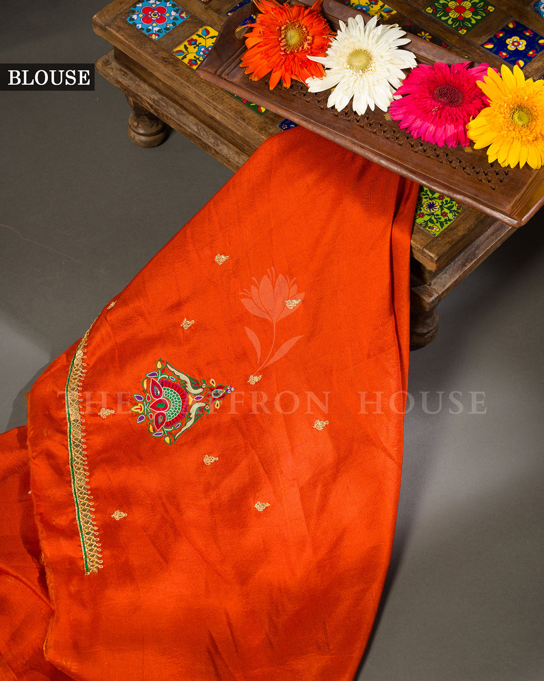 Marigold Orange Tussar Silk Saree with Ikat Fusion Border and Zardosi Buttas