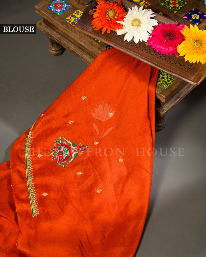 Marigold Orange Tussar Silk Saree with Ikat Fusion Border and Zardosi Buttas