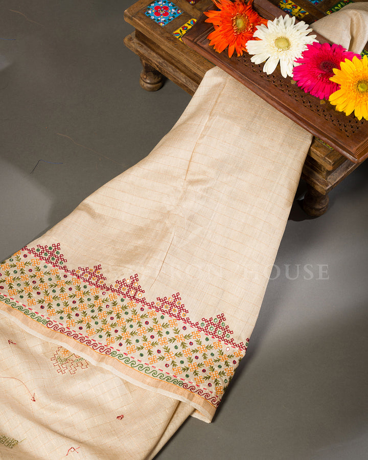 Natural Beige Tussar Silk Saree with Kutch Hand Embroidery and Mirror Work