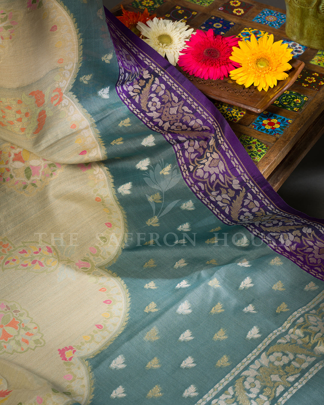 Teal Blue Tussar Silk Banarasi Saree with Meenakari Zari Medallions and Purple Border