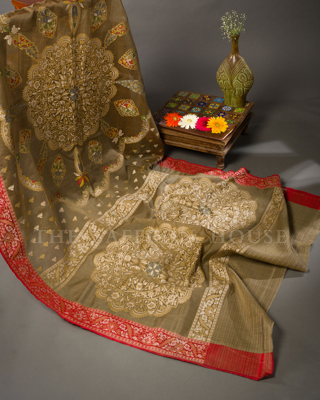 Olive Green Tussar Silk Banarasi Saree with Meenakari Zari Medallions and Red Border