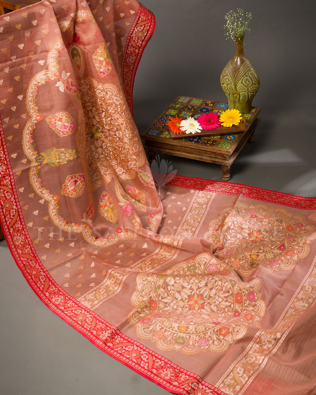 Dusty Rose Tussar Silk Banarasi Saree with Meenakari Zari Medallions and Red Border