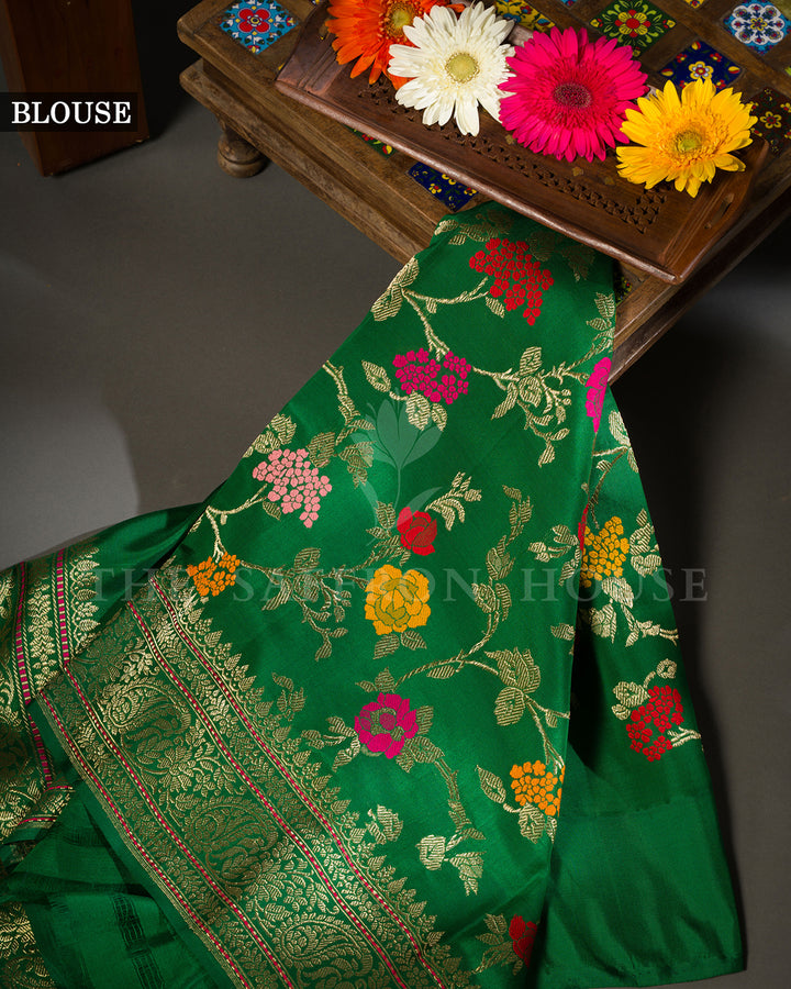 Pistachio Green Banarasi Organza with Patan Patola Fusion Border and Floral Brocade Blouse