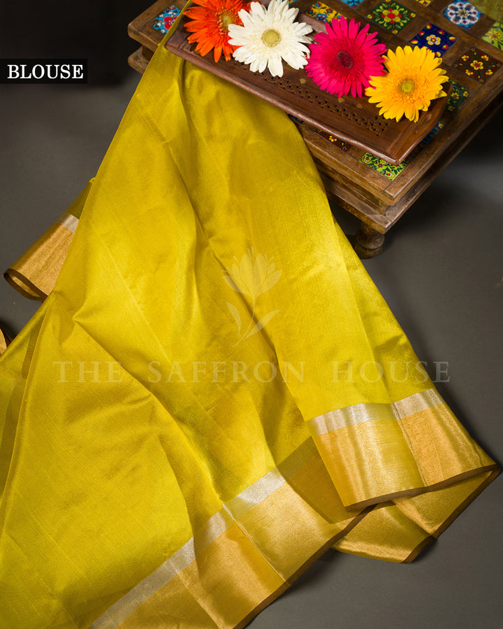 Turmeric Yellow Tussar Silk Saree with Gold Zari Lotus Butis and Tissue Border