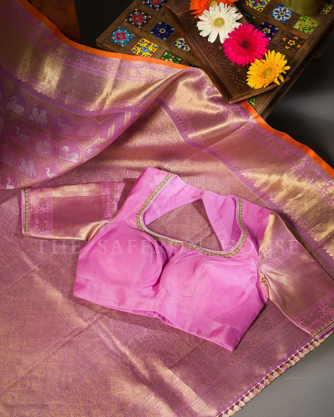 Orchid Lilac Kora Kanchivaram Silk Saree with Gold and Silver Zari Elephant Jaal