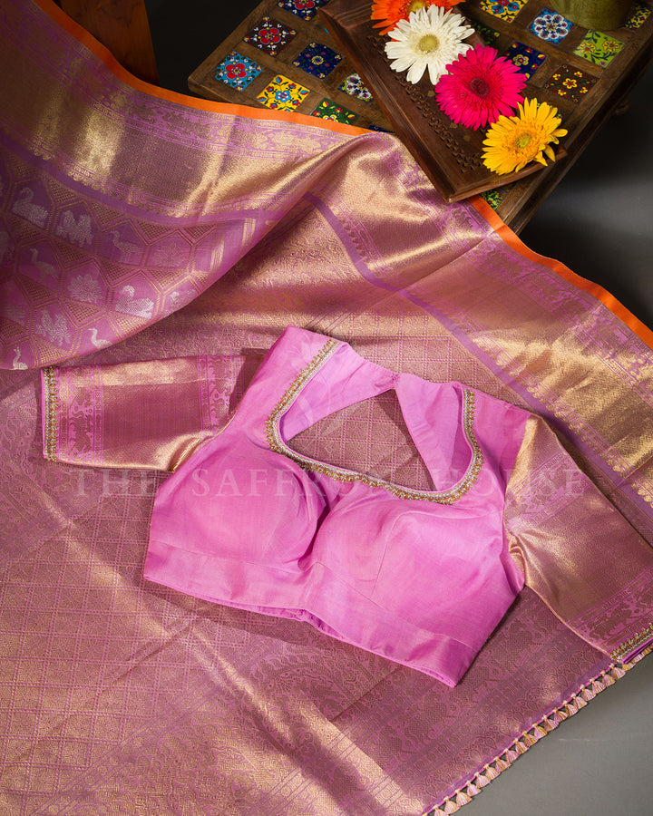 Orchid Lilac Kora Kanchivaram Silk Saree with Gold and Silver Zari Elephant Jaal