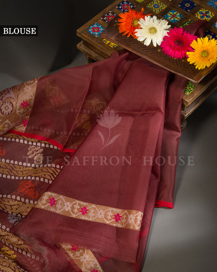 Rosewood Maroon Kora Jamdani Saree with Zari Vines and Multicoloured Butas