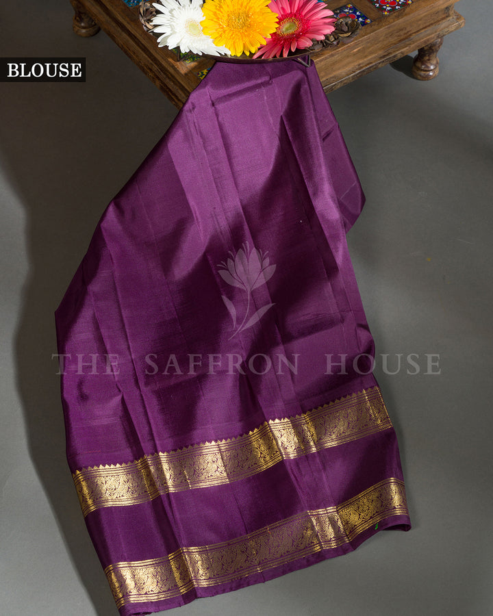 Orange & Purple Hand Embroidered Kanchivaram Silk Saree