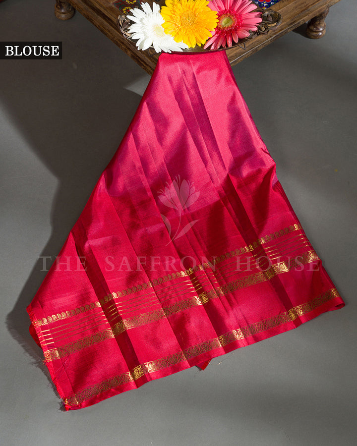 Olive Green & Pink Hand Embroidered Kanchivaram Silk Saree