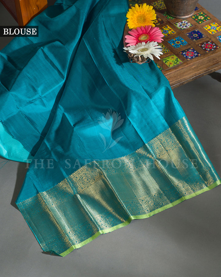 Sky Blue & Teal Hand Embroidered Kanchivaram Silk Saree