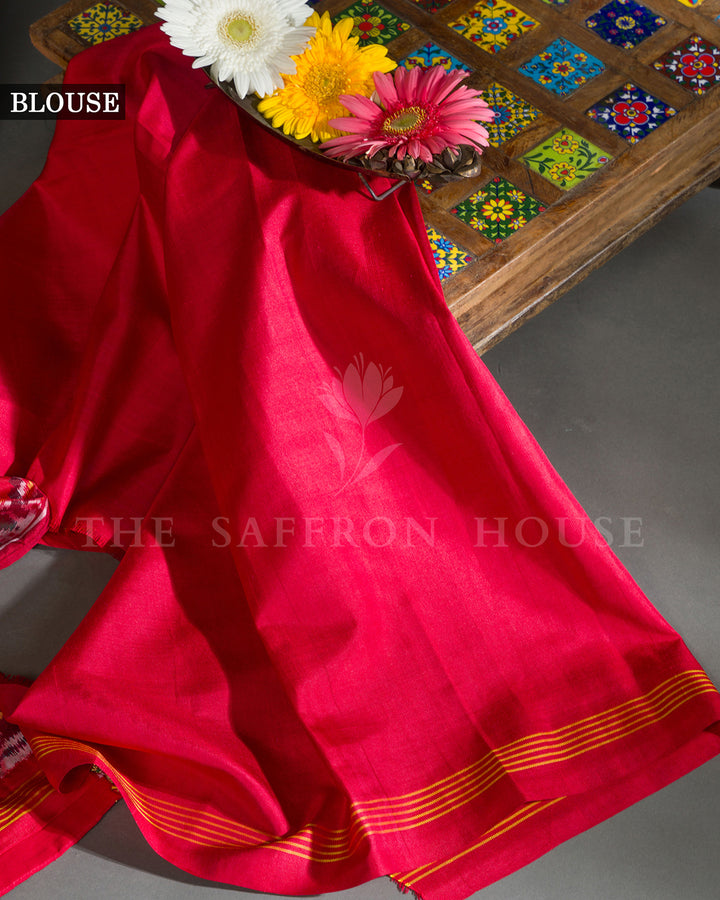 Red Hand Embroidered Border Ikat Silk Saree