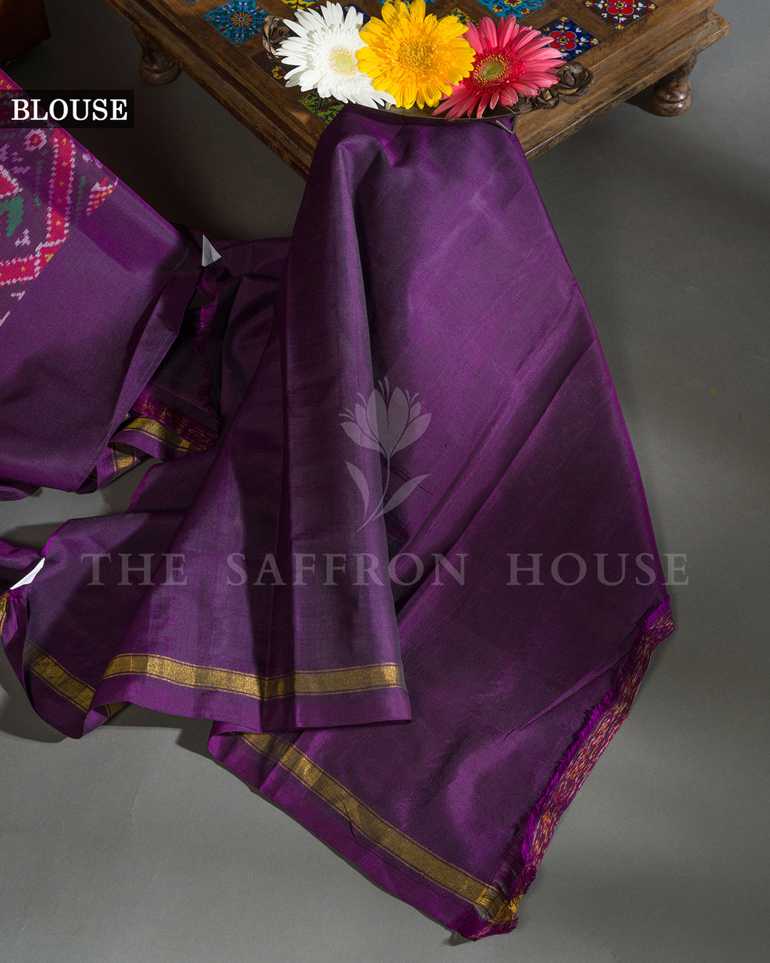 Purple Hand Embroidered Border Ikat Silk Saree