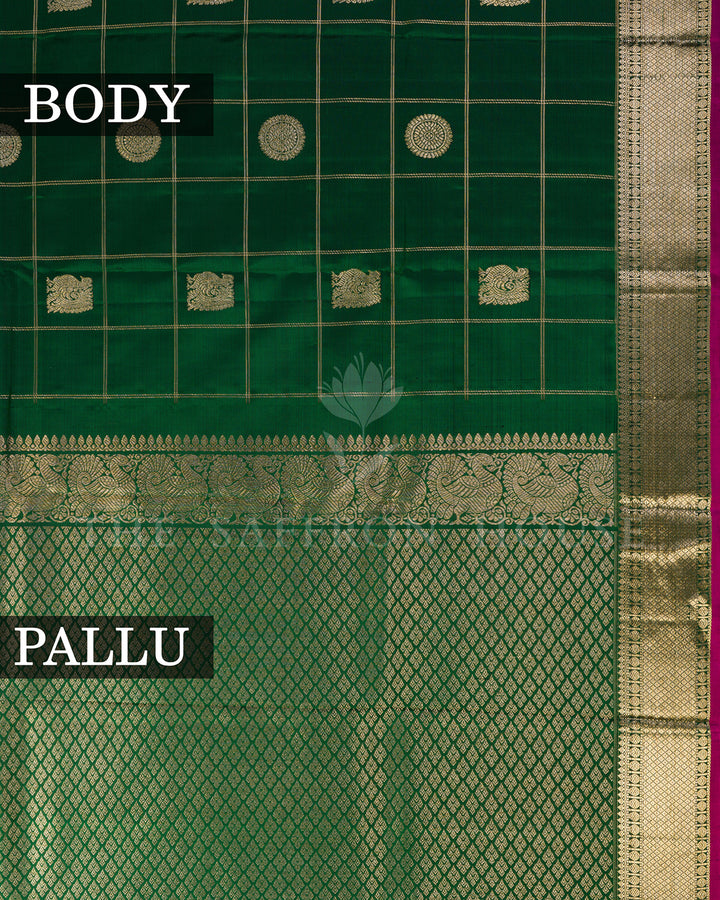Bottle Green Kanchivaram Silk Saree with Zari Checks