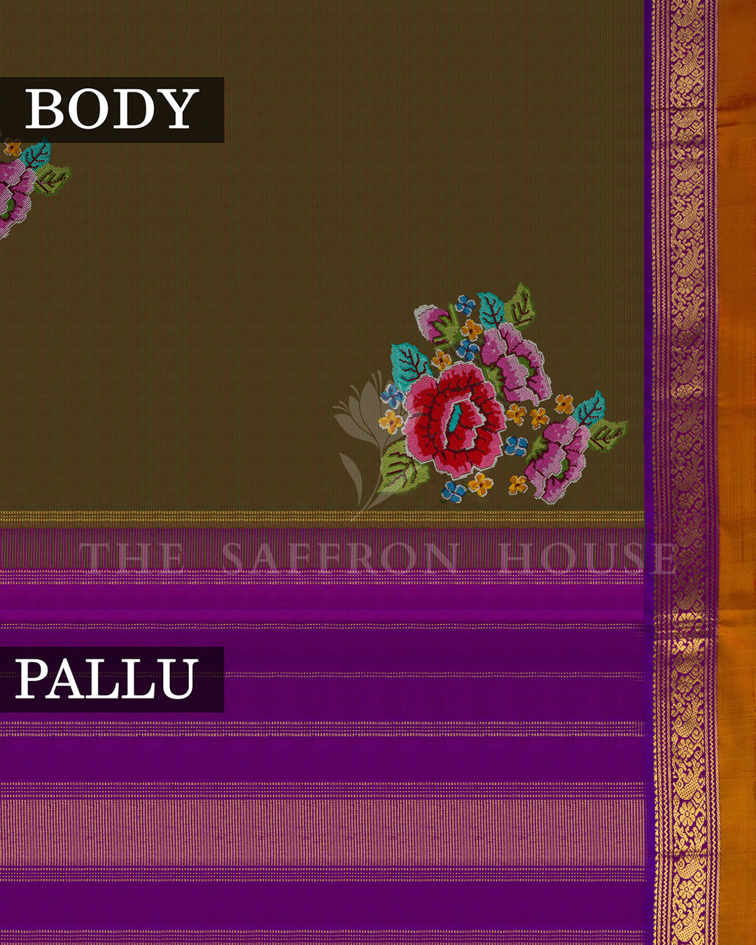 Olive Green & Purple Embroidered Kanchivaram Silk Saree