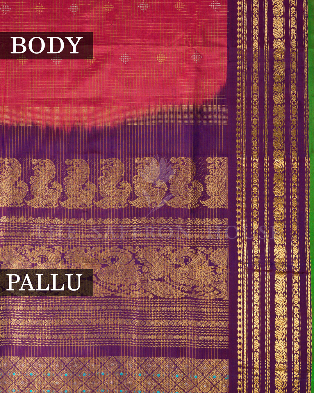 Coral Pink & Purple Gadwal Silk Saree