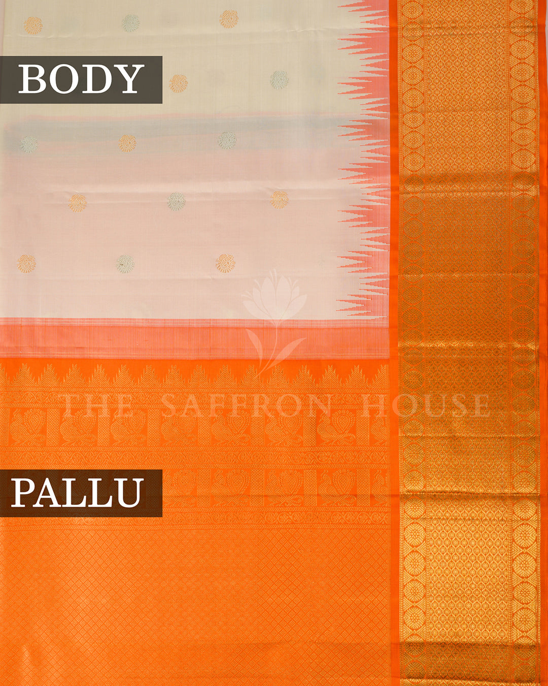 Off-White & Orange Korvai Kanchivaram Silk Saree – view 3