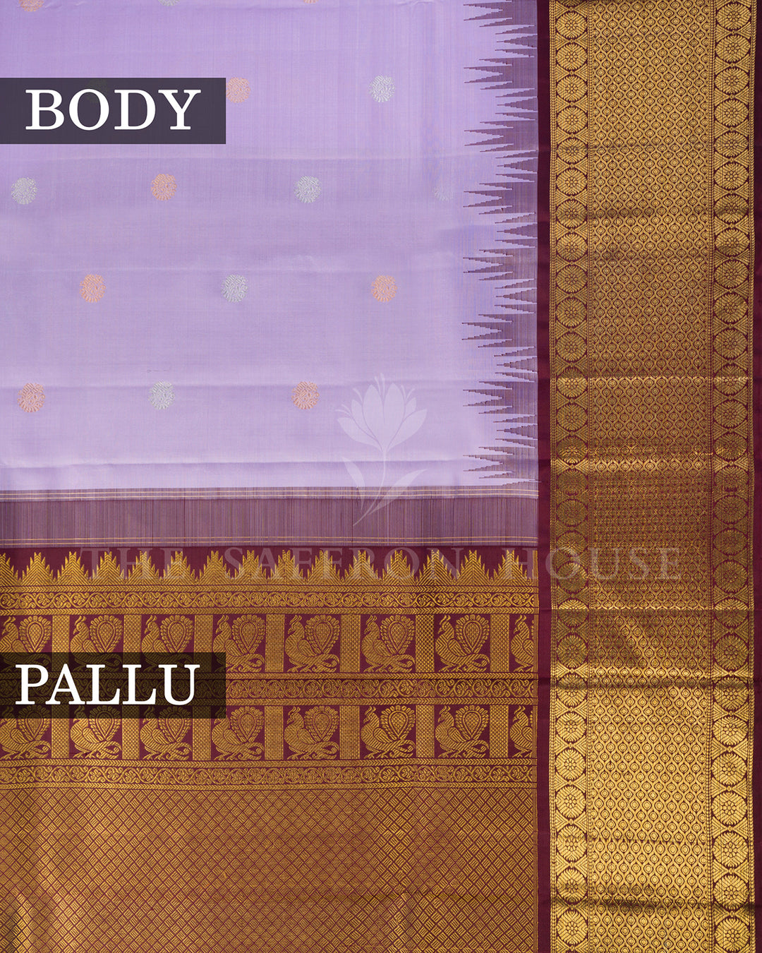 Lavender & Maroon Korvai Kanchivaram Silk Saree with Temple Border – view 3