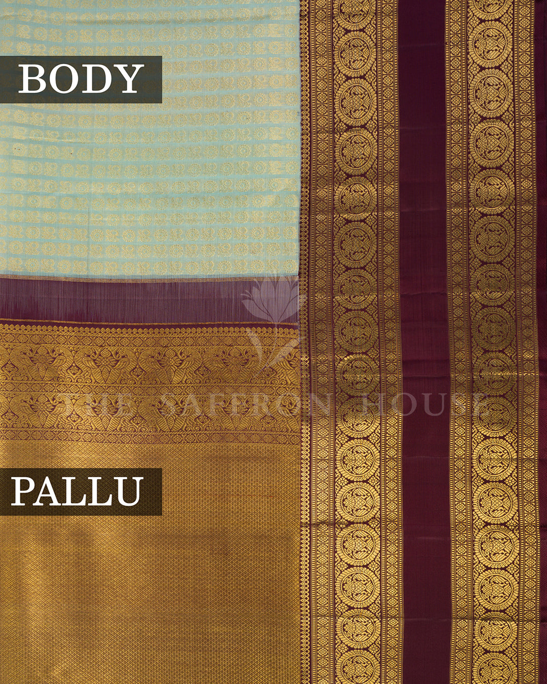Pastel Green & Maroon Kora Kanchivaram Silk Saree – view 3