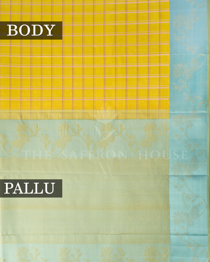 Yellow Checks Kanchivaram Silk Saree