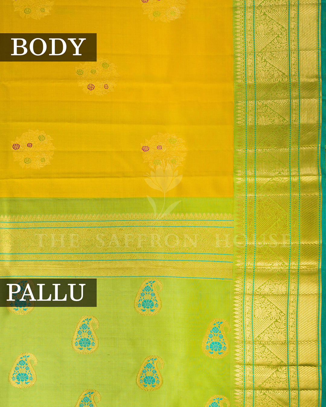 Mustard Yellow & Parrot Green Korvai Kanchivaram Silk Saree