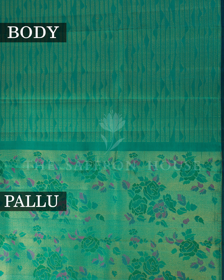 Teal Green Kanchivaram Silk Saree with Zari Wave Lines