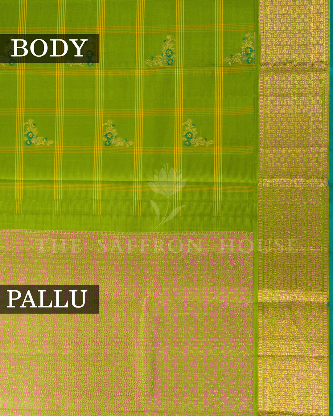 Parrot Green Kanchivaram Silk Saree with Yellow Checks