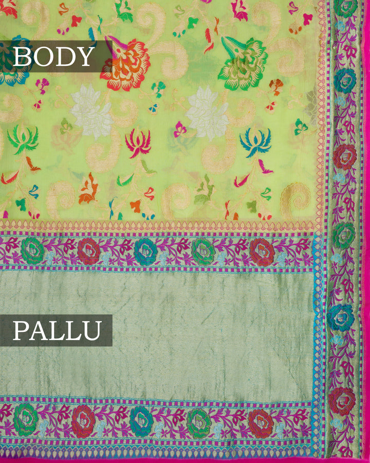 Light Parrot Green Handwoven Banarasi Georgette Saree - TSH846006