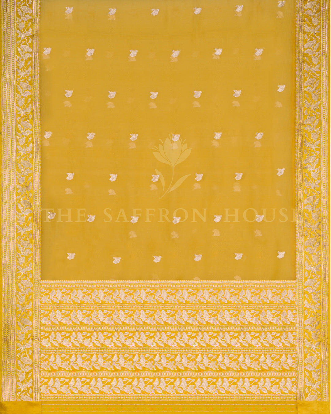 Marigold Yellow Kora Banarasi Saree with Silver Zari Floral Vines