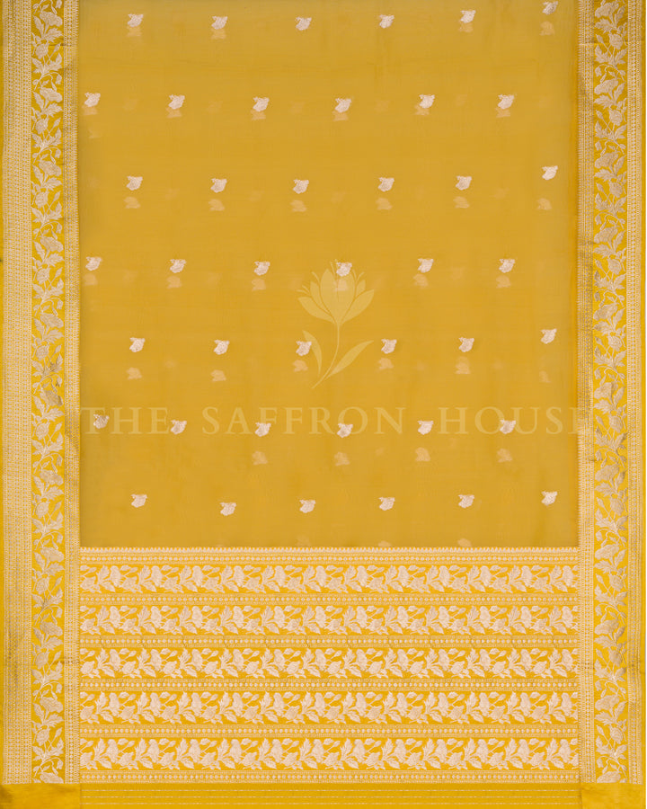 Marigold Yellow Kora Banarasi Saree with Silver Zari Floral Vines