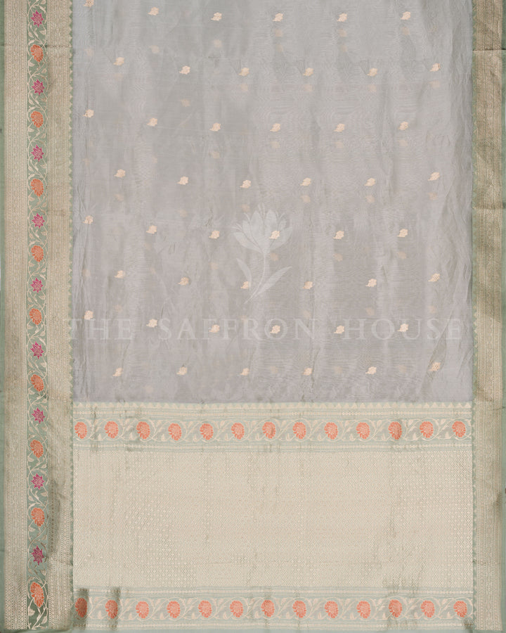 Mint Green Kora Banarasi Saree with Peach and Magenta Floral Zari Border