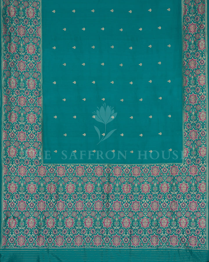Teal Banarasi Tussar Georgette Saree with Rani Pink Zari Floral Jaal